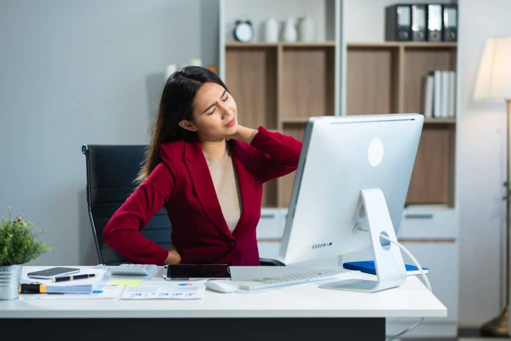 Women,Sitting,At,Home,Office,Workplace,Gesture,Neck,Pain,Office
